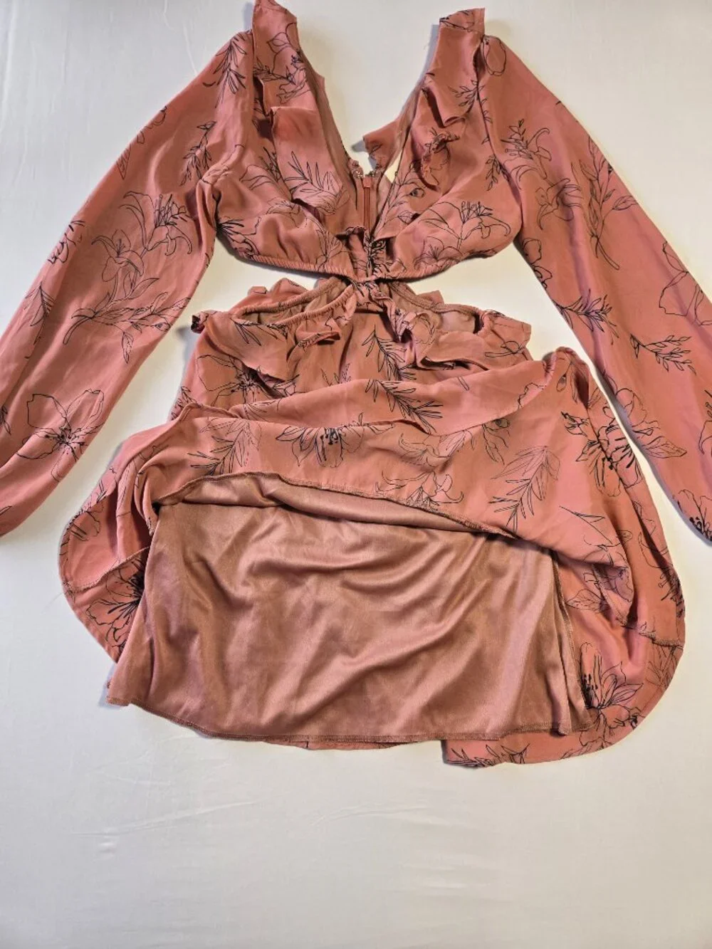 Open Edit Nordstrom Mini Dress Size S Pink Floral Cutout Long Sleeve Ruffle